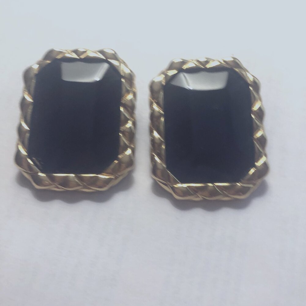 Vintage Les Bernard black glass  square earrings with gold trim.  Clip on earrin